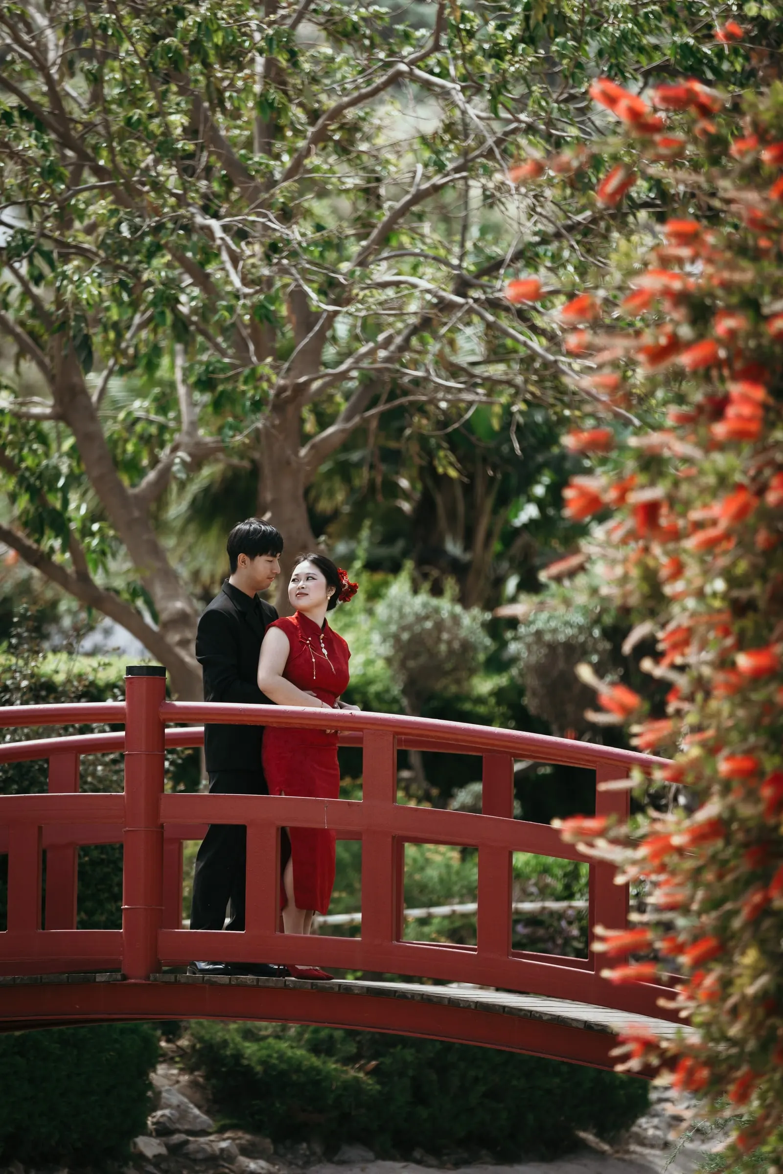 Couple on the red arched bridge framed by a shrub of red flowers, Alhaurín de la Torre