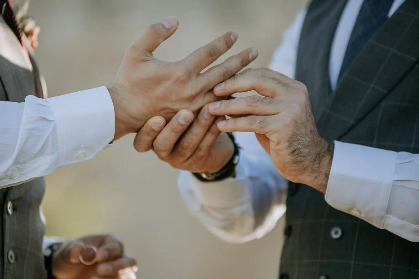 Close-up of one groom placing the ring on the other's finger, Salamanca