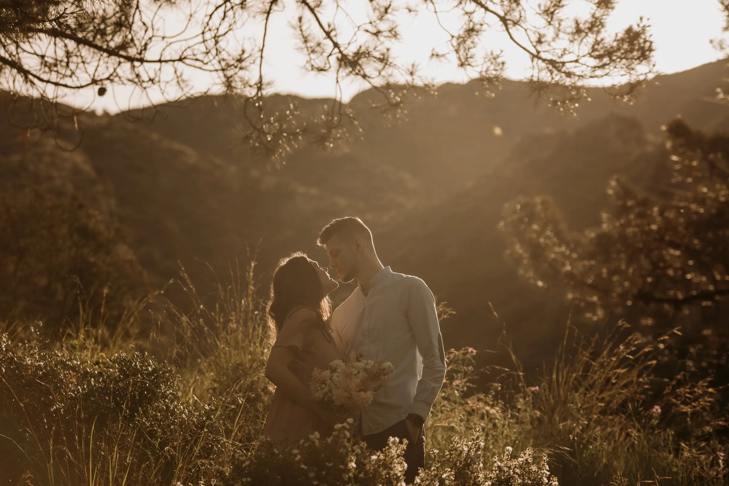 La pareja muy junta entre hierbas silvestres y ramas de pino, con luz brumosa sobre los montes