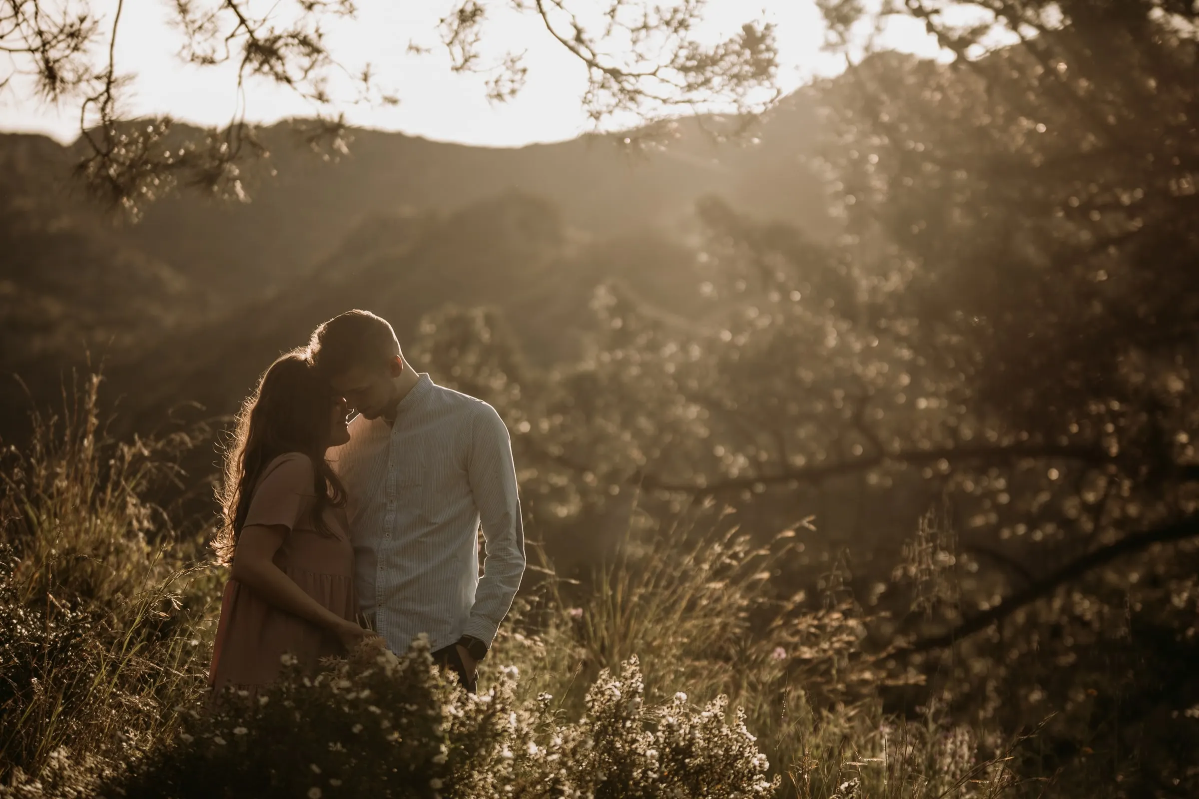 La pareja abrazada a contraluz entre los arbustos de la ladera