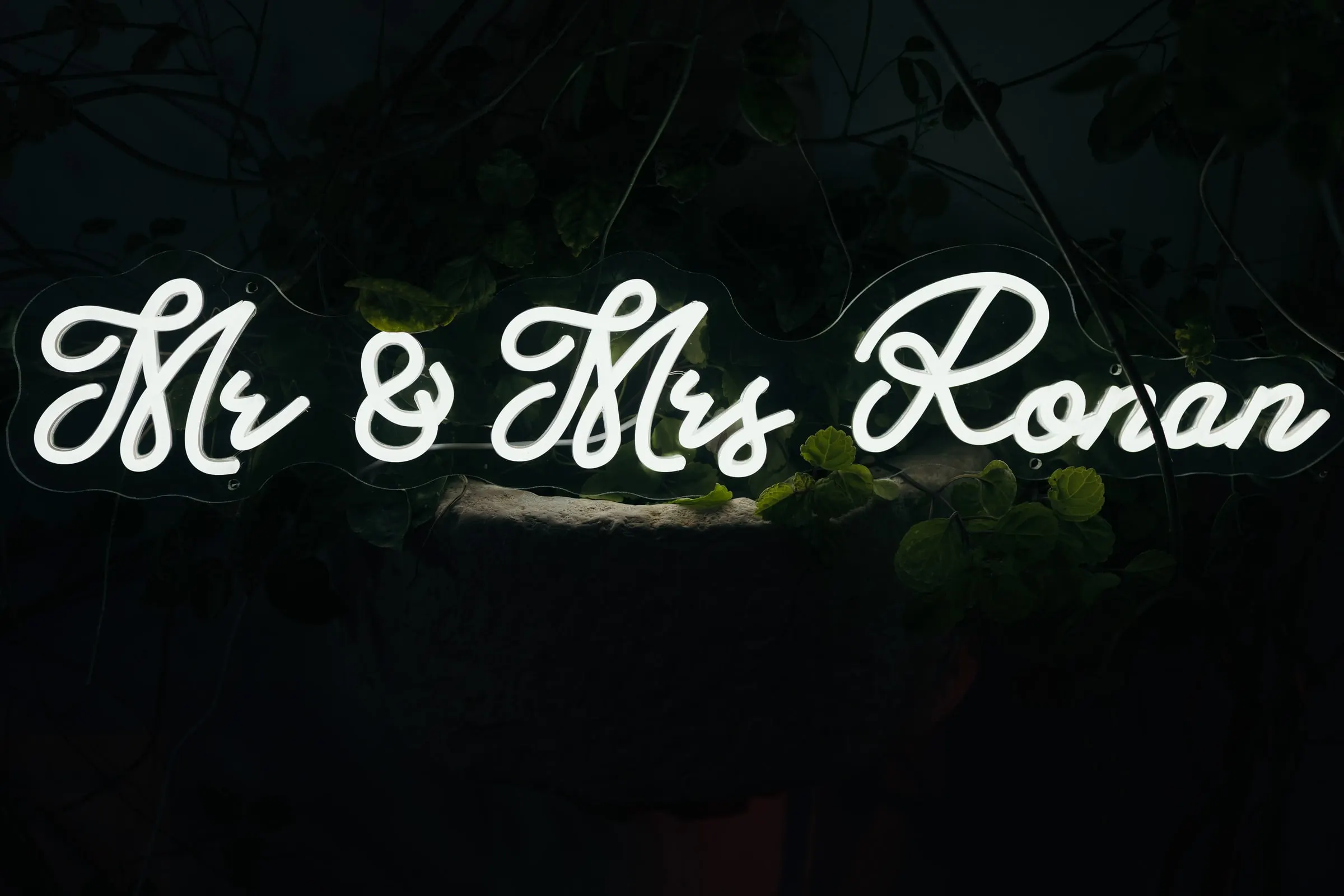Neon sign with the couple's new married name glowing in the dark garden