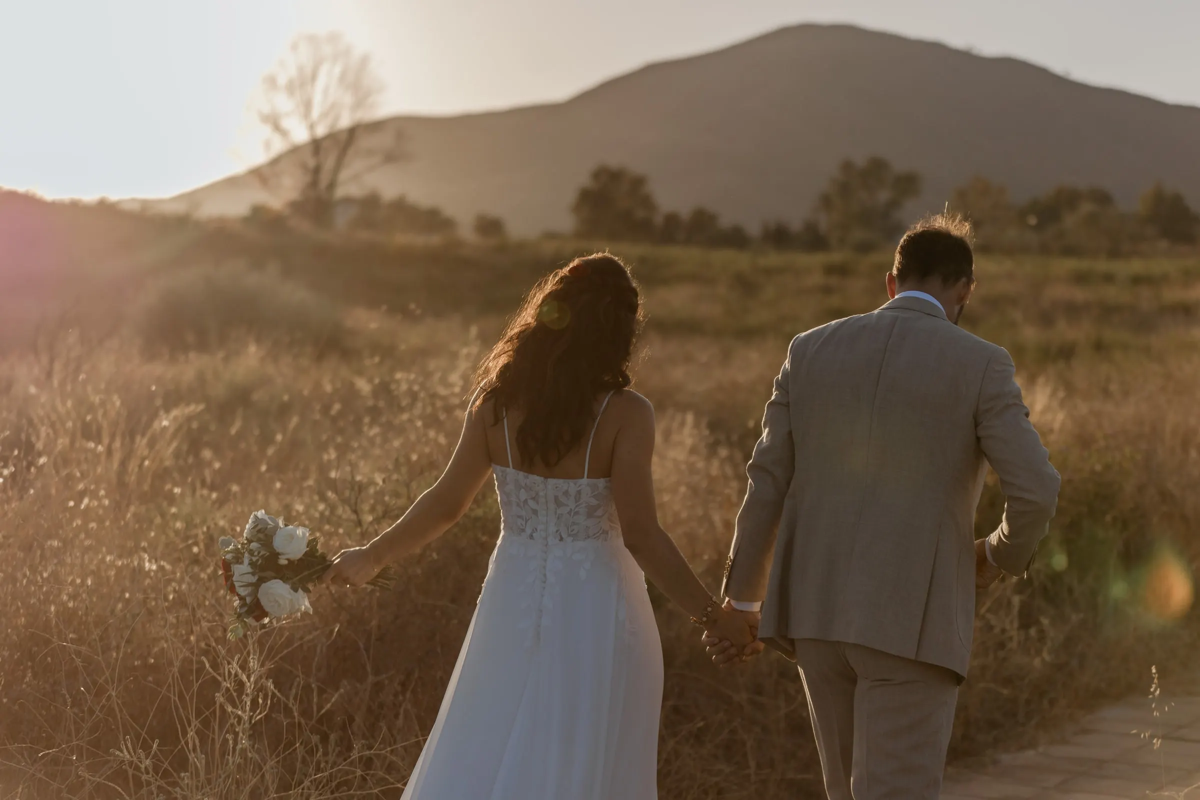 The couple seen from behind walking hand in hand through golden grass at sunset, Hacienda San José, Mijas