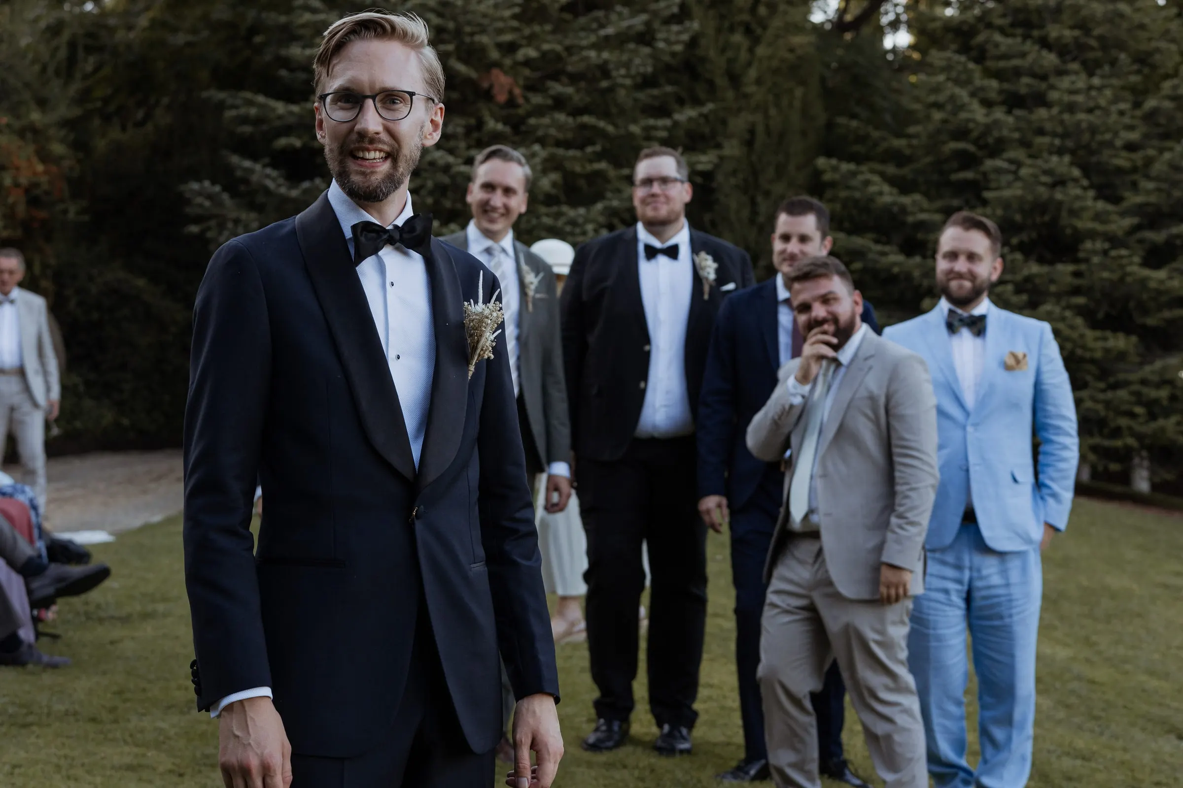Groom with his groomsmen on the lawn at Los Pilares de Ronda