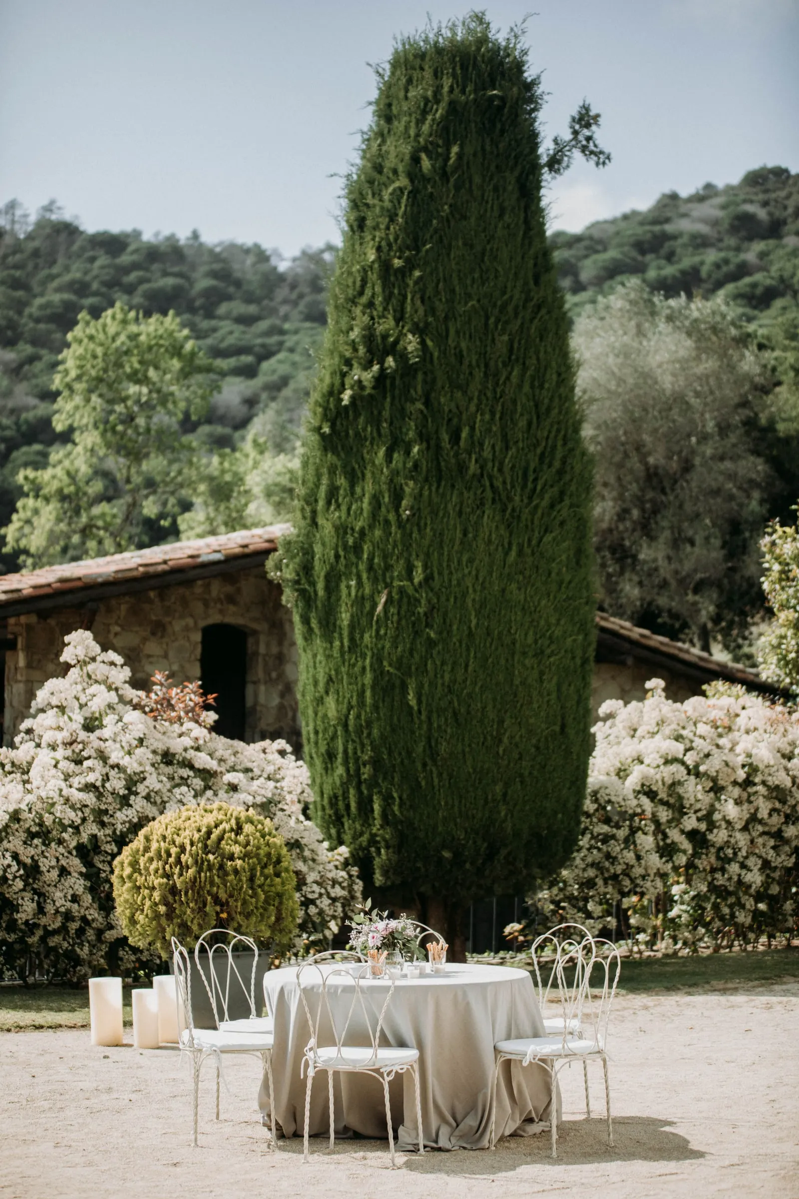 A table for two by a cypress tree and flowering shrubs in the garden of a masia in Girona