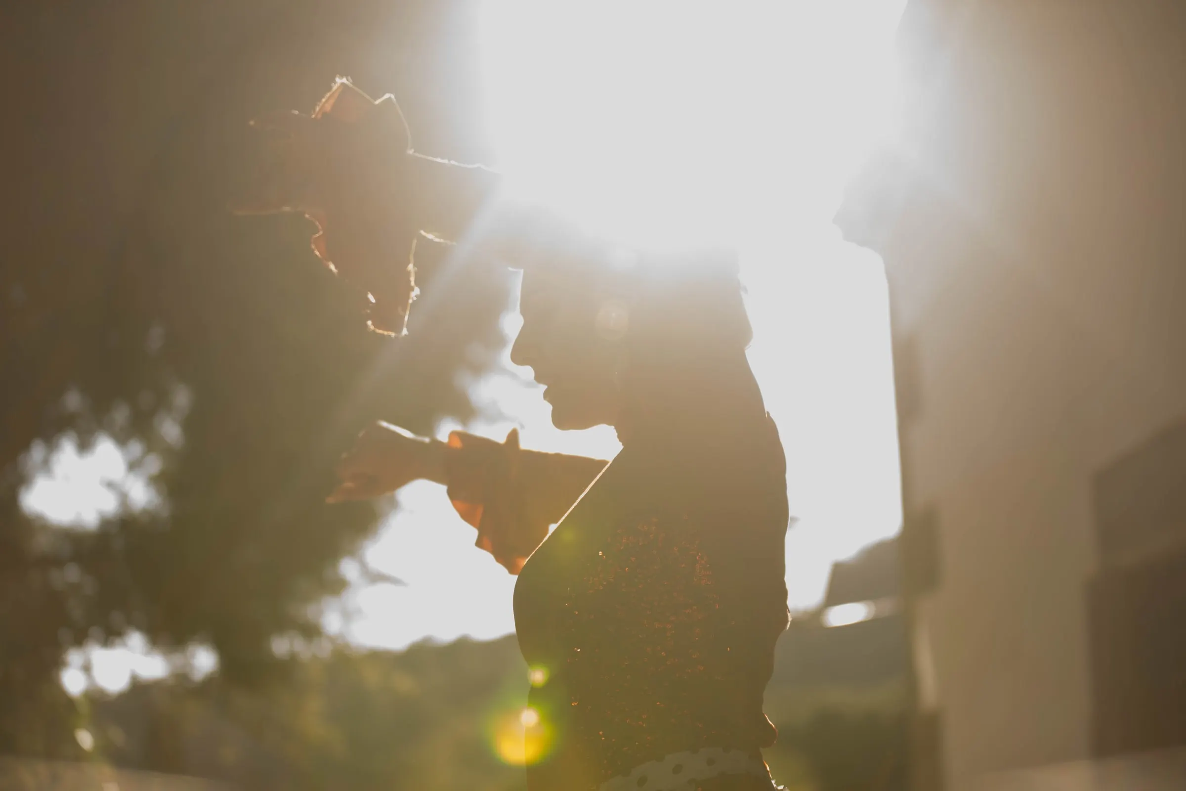 Silhouette of a guitarist against the bright sun through the trees at a masia in Girona