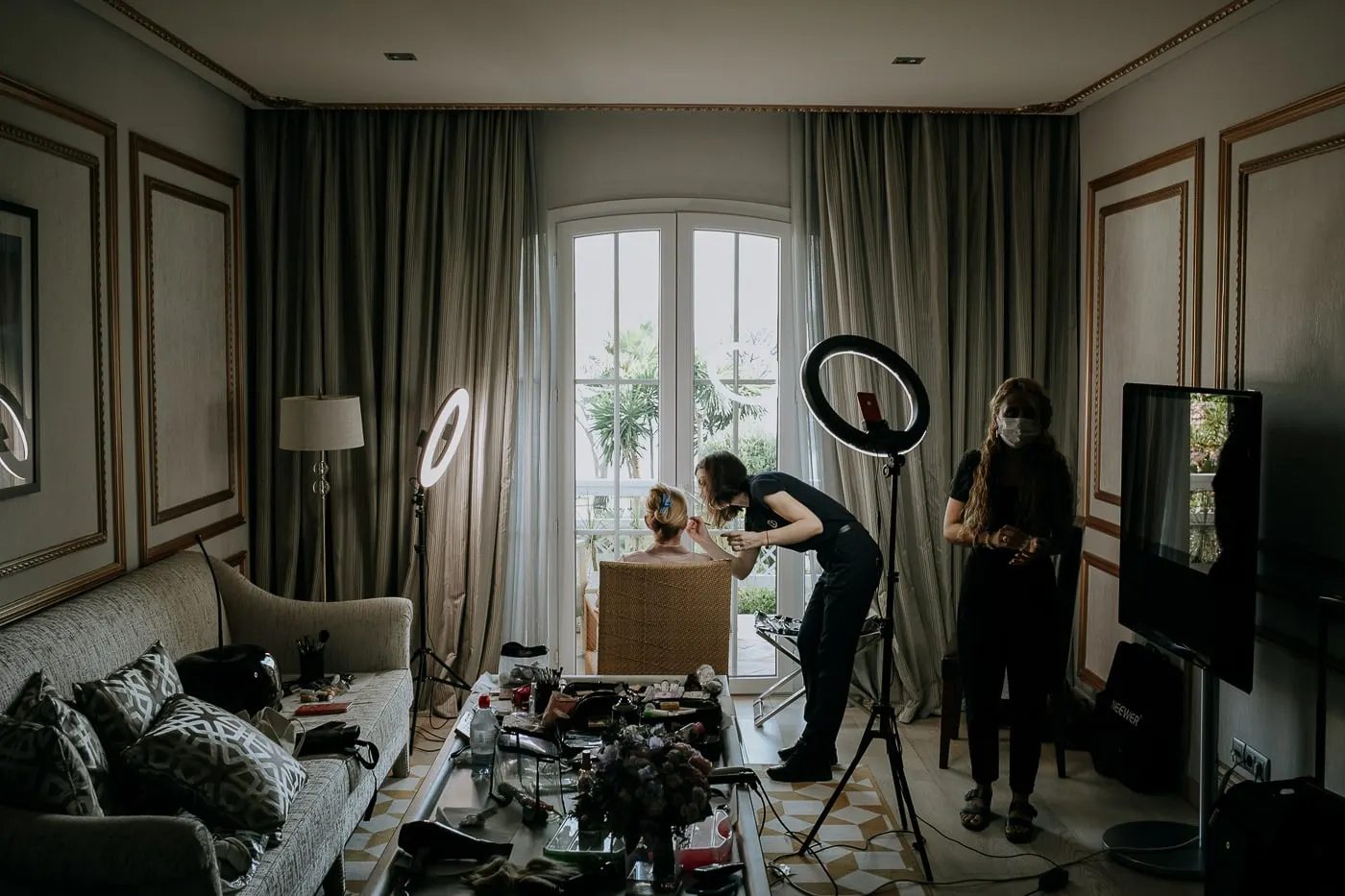 Hotel suite with ring lights set up for the bride's hair and make-up, Estepona